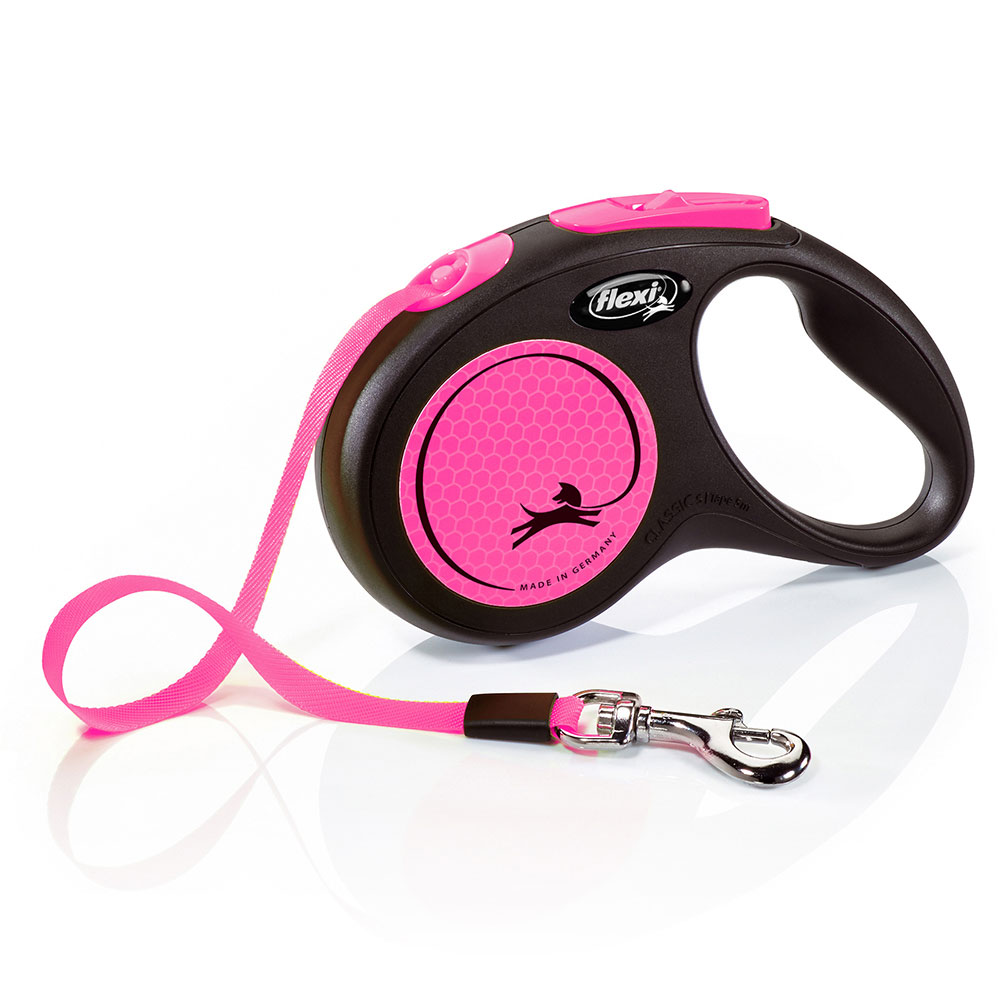 foto del prodotto guinzaglio avvolgibile a fettuccia rosa flexi new neon, 5 m m fino a 25 kg
