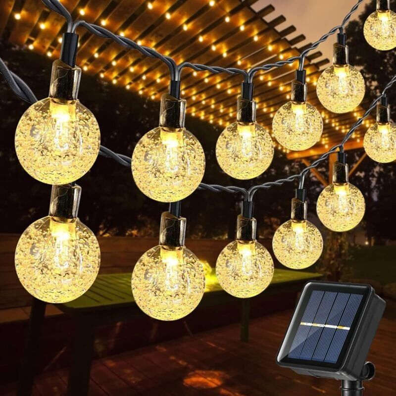 foto del prodotto guirlande lumineuse solaire d ext rieur, 12 m, 100 led, boule de cristal tanche, lumi res solaires de jardin avec 8 modes pour jardin, pelouse,