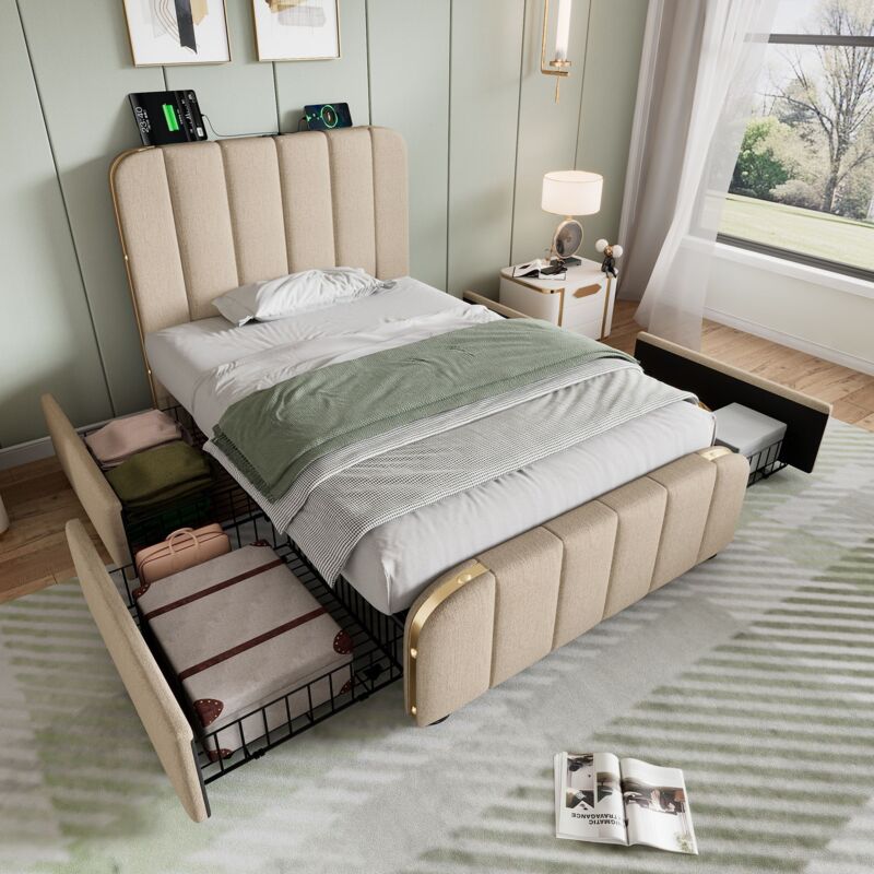 foto del prodotto gutent 90x200 cm letto singolo imbottito con finiture dorate e unit di ricarica usb type c, lino beige