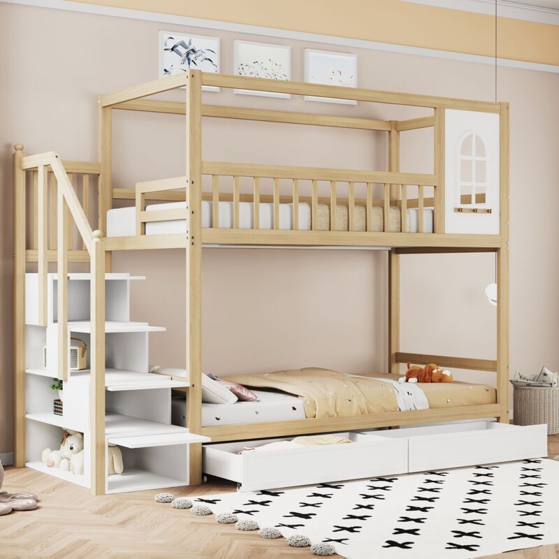 foto del prodotto gutent letto a castello per bambini 90x200 cm, con cassetti e scala di sicurezza, colore legno originale