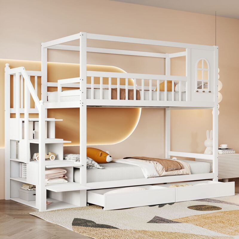 foto del prodotto gutent letto a castello per bambini 90x200 cm, con cassetti e scaletta di sicurezza, bianco
