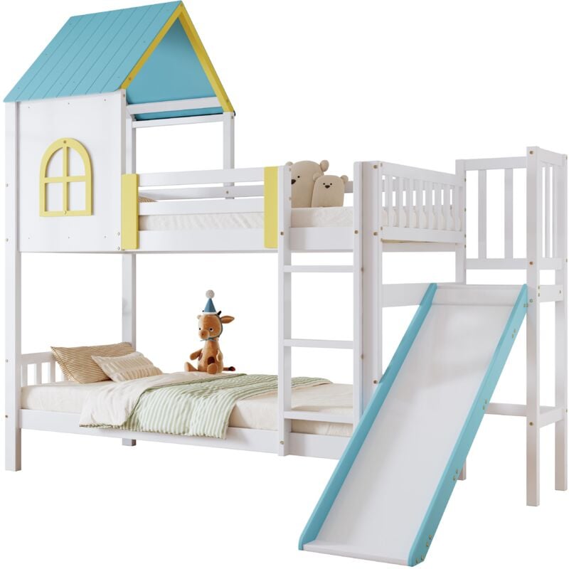 foto del prodotto gutent letto a castello per bambini 90x200 cm, con tetto, finestra, binari, scivolo, bianco blu