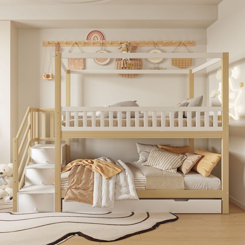 foto del prodotto gutent letto a castello per bambini 90x200 cm, sponda di sicurezza, letto a scomparsa, bianco legno massiccio