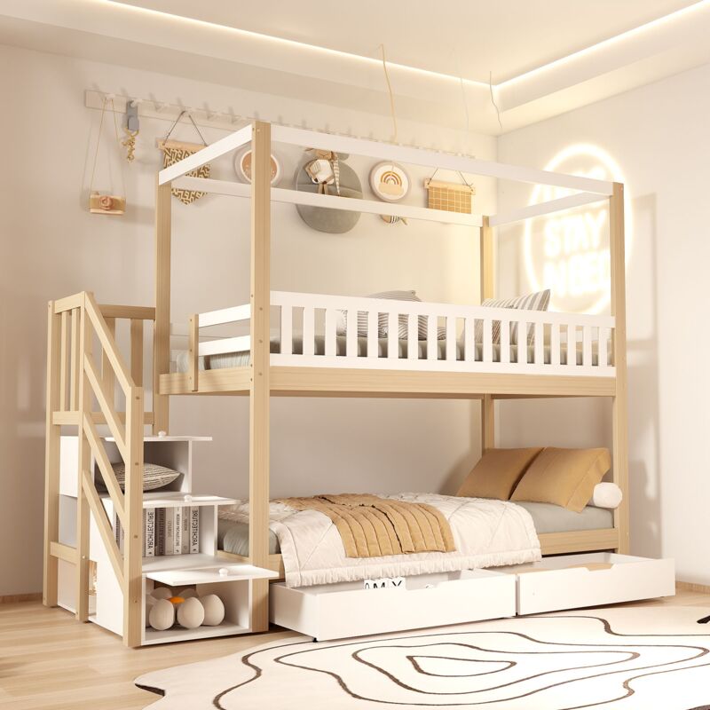 foto del prodotto gutent letto a castello per bambini 90x200 cm, sponda di sicurezza, scala, bianco legno originale