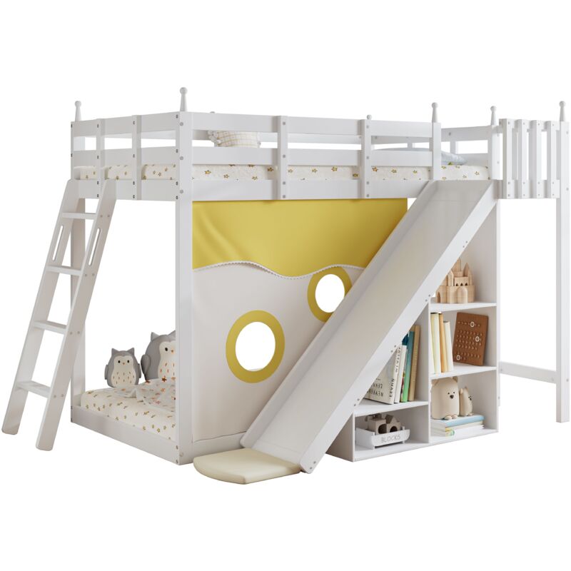 foto del prodotto gutent letto a castello per bambini con scale e barriera, tende da letto, scivolo e ripiano, bianco 90x200 cm 