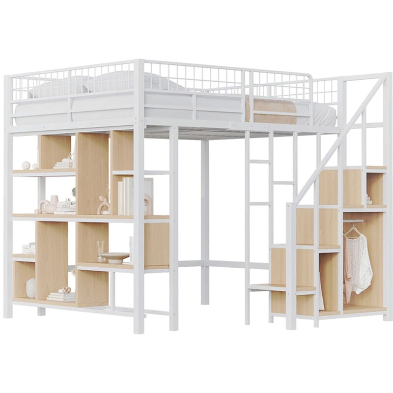 foto del prodotto gutent letto a soppalco multifunzionale 140 x 200 cm, letto in metallo con contenitore, ripiani e scale, bianco