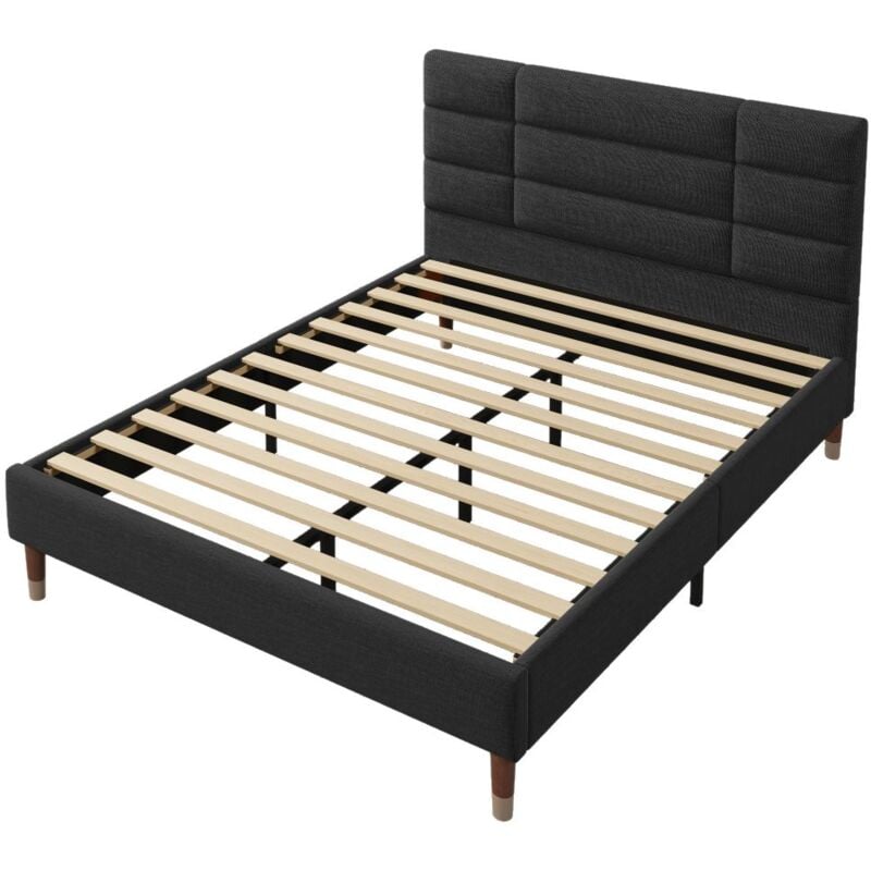 foto del prodotto gutent - letto imbottito 140x200cm, matrimoniale con rete a doghe, lino nero (materasso non incluso)