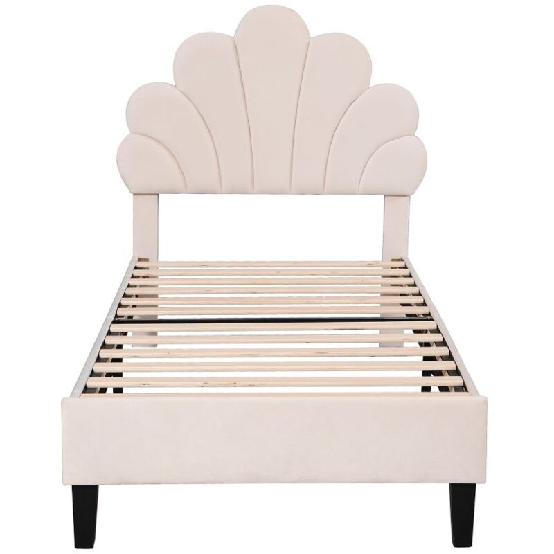 foto del prodotto gutent letto imbottito beige per bambini 90 x 200 cm, struttura con testiera e doghe floreali, in tessuto velour delicato sulla pelle