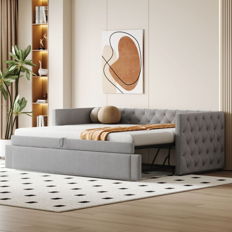 foto del prodotto gutent letto imbottito, divano allungabile 90x200 cm, forma piena con bottoni, tessuto in velluto grigio