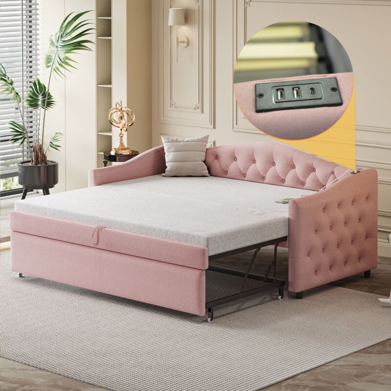 foto del prodotto gutent letto imbottito, divano letto estensibile 90x200 cm, con porta usb, modellato con bottoni, lino rosa