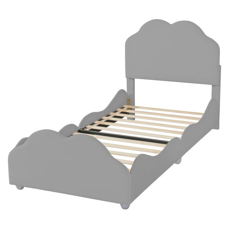 foto del prodotto gutent letto imbottito per bambini 90 x 200 cm, con testiera e pediera a forma di nuvola grigio