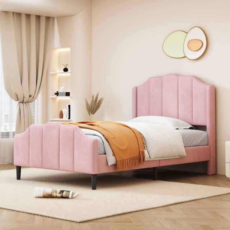foto del prodotto gutent letto imbottito per bambini 90 x 200 cm, struttura letto con testiera, pediera, velluto rosa