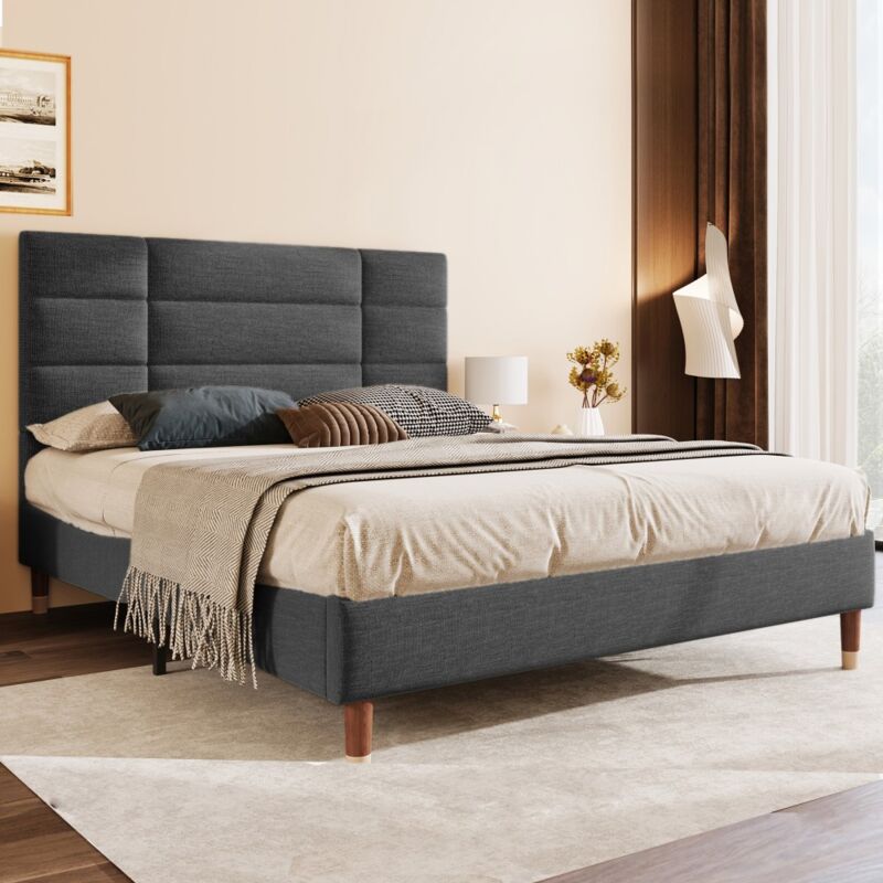 foto del prodotto gutent letto matrimoniale imbottito per adulti, con rete a doghe, 140 x 200 cm, tessuto di lino grigio scuro