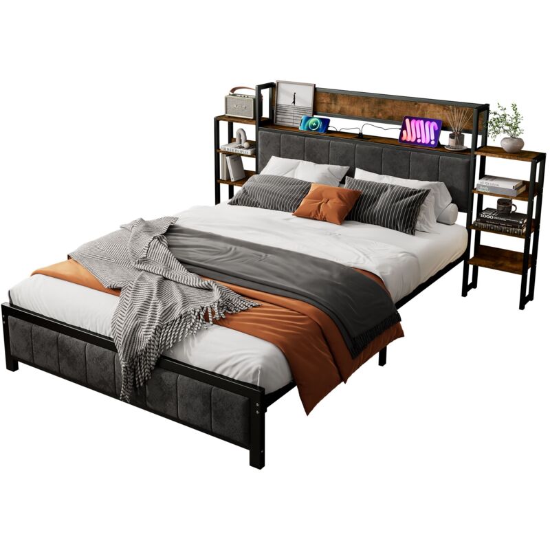 foto del prodotto gutent letto per adulti in metallo 140x200cm, testata con libreria, 3 porte usb, metallo mdf velluto, nero noce
