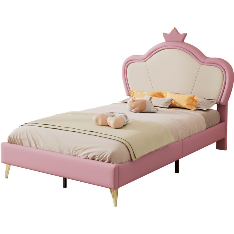foto del prodotto gutent letto per bambini 90x200 cm, con bordi protettivi morbidi, testata con corona, pu, rosa bianco
