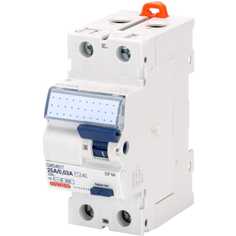 foto del prodotto gwd4817 gwd4817 interruttore differenziale puro, idp na, 2p 25a tipo a istantaneo idn 0,03a, 2 moduli, bianco gewiss