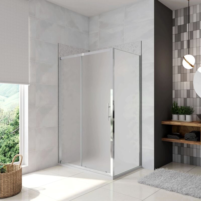 foto del prodotto h.185 cm box doccia angolare porta scorrevole con parete fissa vetro temperato 5 mm satinato opaco 120x80 cm