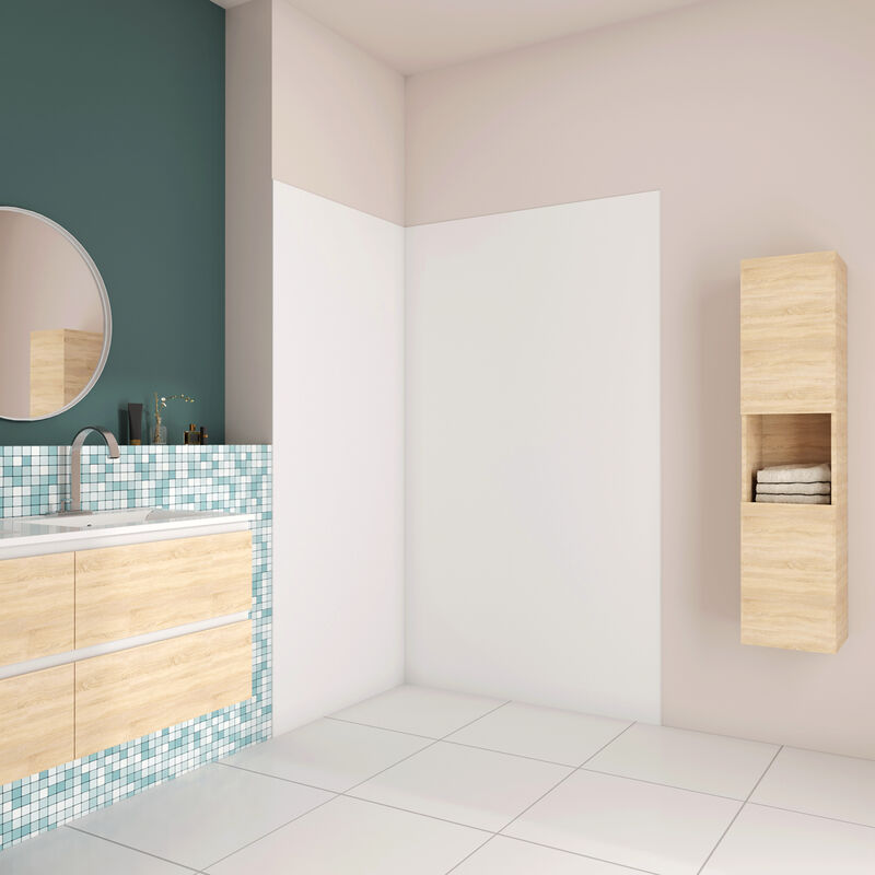 foto del prodotto h.210 cm pannello doccia ad angolo 40x40 cm realizzato in alluminio da 3 mm con profili finitura bianco opaco per rivestimento parete bagno