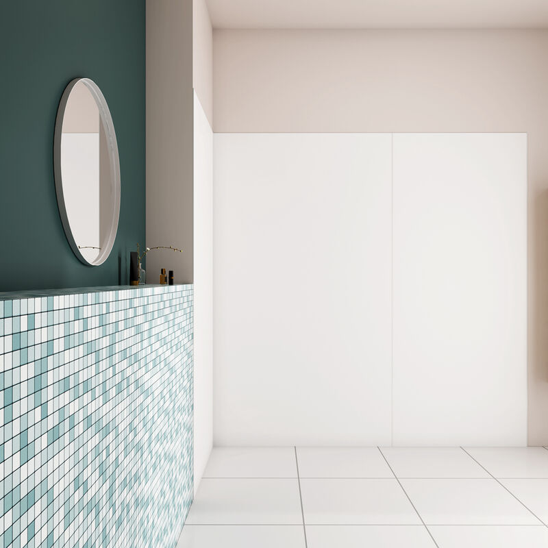 foto del prodotto h.210 cm pannello doccia ad angolo 40x90x90 cm realizzato in alluminio da 3 mm con profili finitura bianco opaco per rivestimento parete bagno