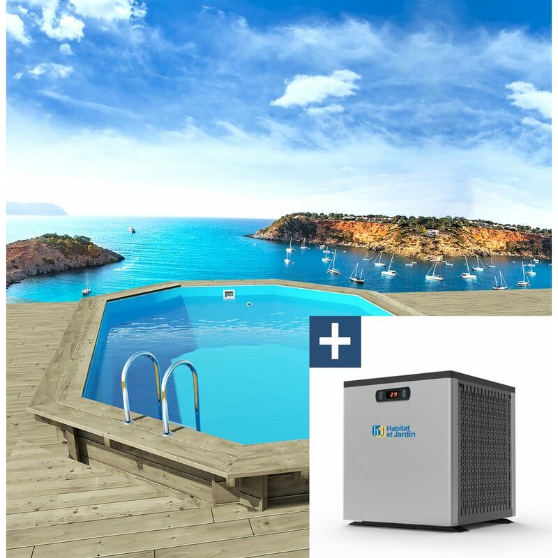 foto del prodotto habitat et jardin piscina in legno miami 4,86 x 3,36 x 1,20 m mini pompa di calore da 3,5 kw metallo grigio