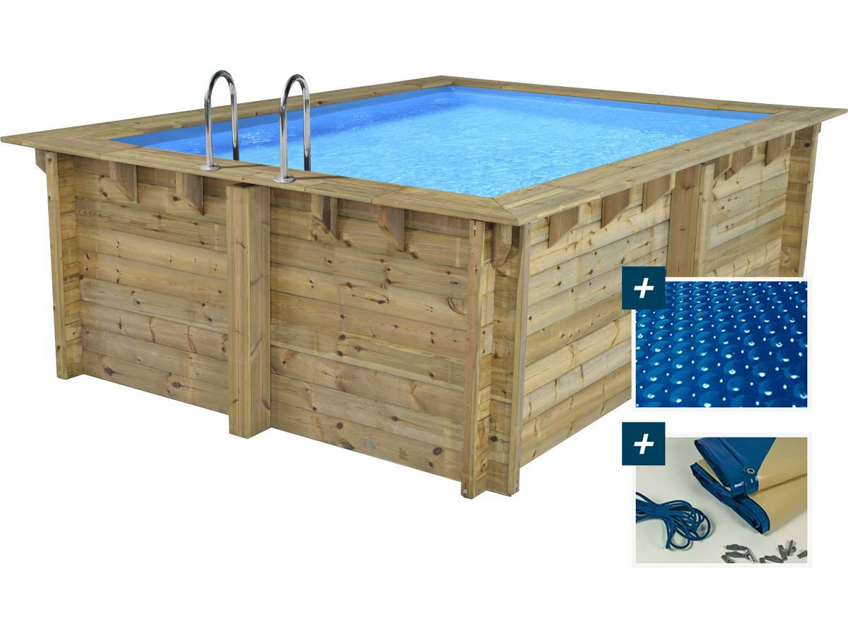 foto del prodotto habitat et jardin piscina rettangolare in legno caimans 4,10 x 3,00 x 1,24 m copertura a bolle 180 copertura invernale 280 g m