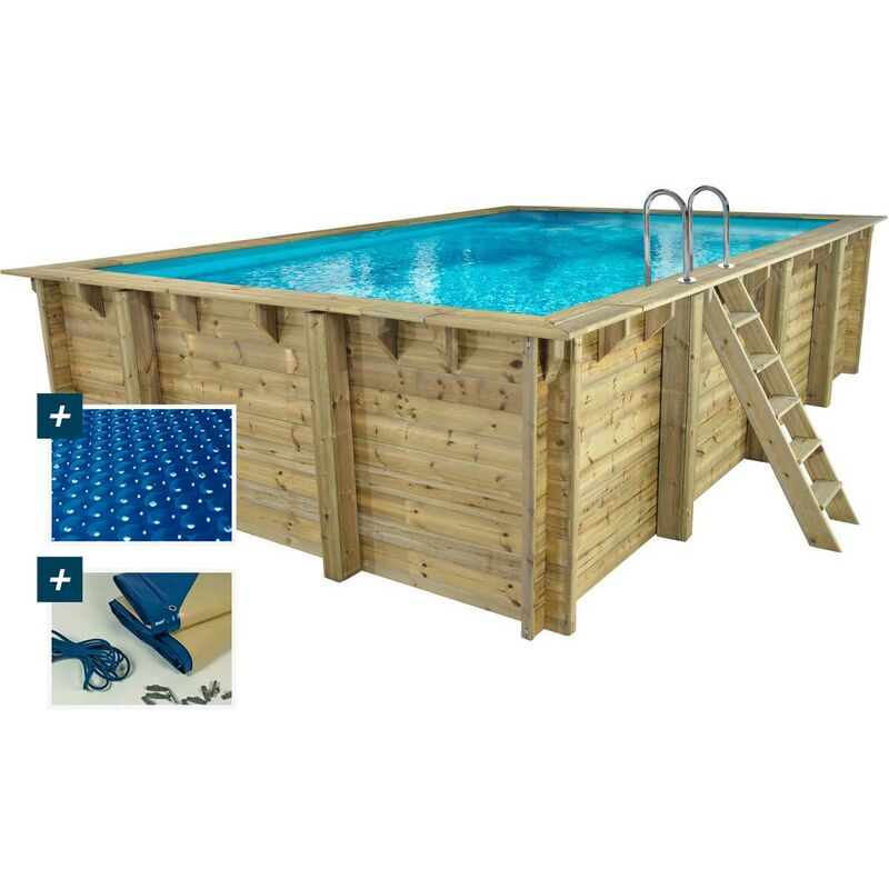foto del prodotto habitat et jardin piscina rettangolare in legno panama 6,20 x 4,10 x 1,45 m copertura a bolle 180 copertura invernale 280 g m 