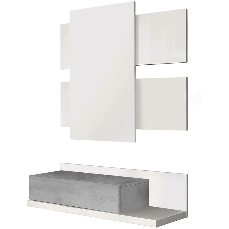 foto del prodotto habitdesign dmora mobile da ingresso erie, entratina sospesa con specchio, mobile con cassetto per entrata, cm 75x29h90, bianco e cemento, con