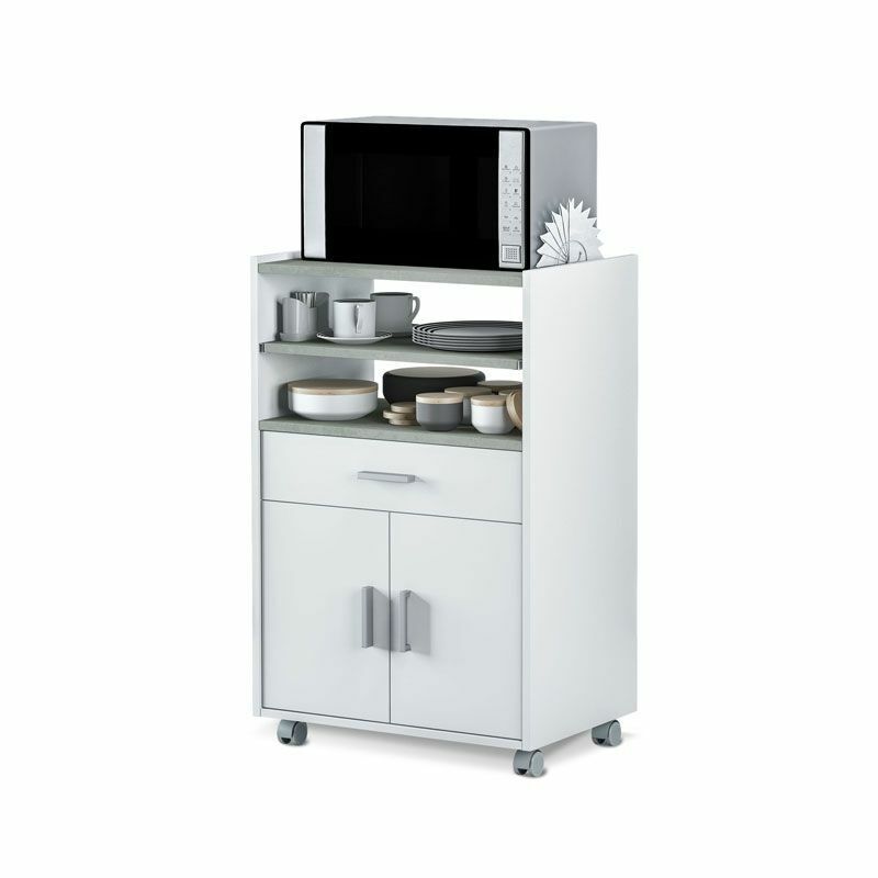 foto del prodotto habitdesign mobile da cucina de con ruote, mobile per microonde, armadio con 1 cassetto e 2 ante, finitura bianco artik e cemento, dimensioni 59 cm