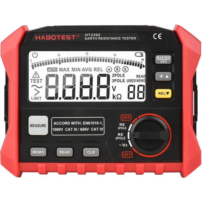 foto del prodotto habotest ht2302 tester digitale di resistenza di terra da 0 ohm a 4k ohm 100 gruppi memorizzazione dati display lcd retroilluminato con custodia per