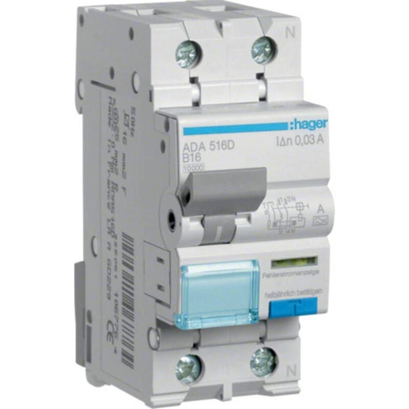 foto del prodotto hager ada516d magnetotermico e differenziale 1 polo 16 a 0.03 a 240 v