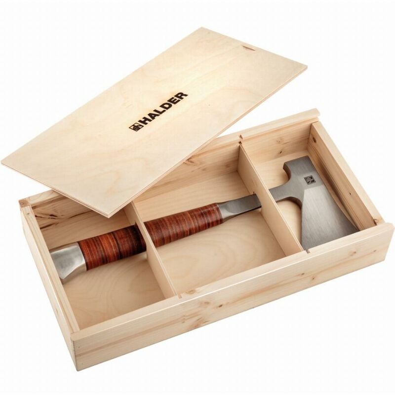 foto del prodotto halder accetta, con manico in pelle, con cintura tascabile in pelle di qualit che protegge le lame in una bella confezione regalo in legno