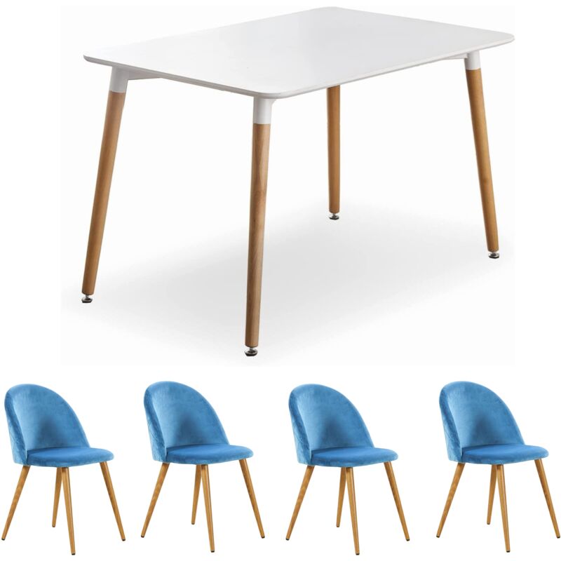 foto del prodotto halo lucia dining set un tavolo da pranzo in legno bianco e un set di 4 sedie da pranzo in velluto blu sala da pranzo cucina