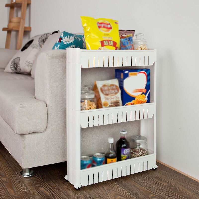 foto del prodotto haloyo carrellino per cucina bagno,scaffale stretto portabottigli,ruote,plastica,54.5 x 12.5 x 71 cm,bianco