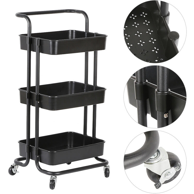 foto del prodotto haloyo carrello con ruote a 3 ripiani, armadietto mobile, cassettiera su ruote, per cucina, bagno, ufficio, nero