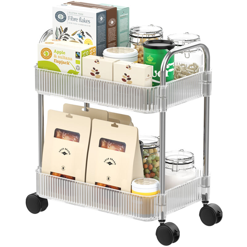 foto del prodotto haloyo carrello portaoggetti in acrilico trasparente a 2 ripiani, carrello da cucina, carrello multiuso, design moderno e pratico per organizzare