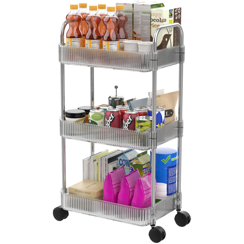 foto del prodotto haloyo carrello portaoggetti in acrilico trasparente a 3 ripiani, carrello da cucina, carrello multiuso, design moderno e pratico per organizzare