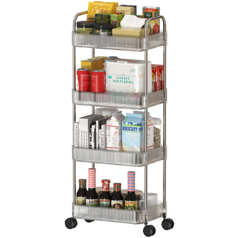 foto del prodotto haloyo carrello portaoggetti in acrilico trasparente a 4 ripiani, carrello da cucina, carrello multiuso, design moderno e pratico per organizzare