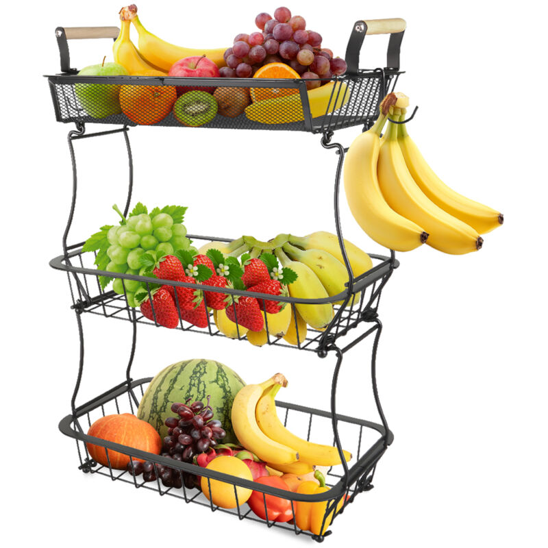 foto del prodotto haloyo cesto portafrutta a 3 ripiani con ganci per snack vegetali, nero