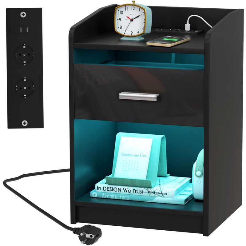 foto del prodotto haloyo comodini , tavolino laterale con stazione di ricarica, comodino con led, con cassetto, maniglia, scomparto aperto, 40x35x58cm, nero
