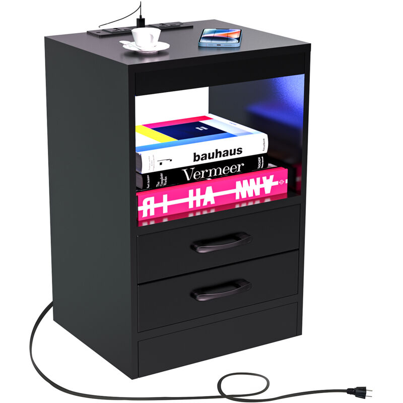 foto del prodotto haloyo comodino moderno a 3 cassetti con luci a led, comodino con multipresa, per soggiorno, camera da letto, 40x35x60 cm, nero