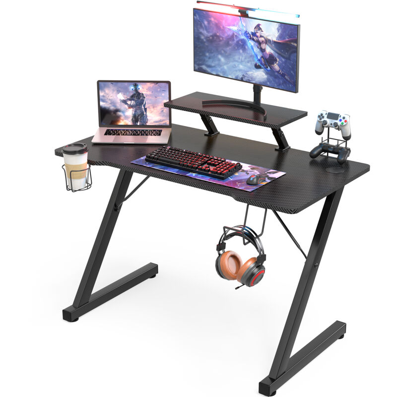 foto del prodotto haloyo grande scrivania da gioco, tavolo da gioco, tavolo da ufficio, scrivania per computer, con portabicchieri e gancio per cuffie, 110x60,5x14