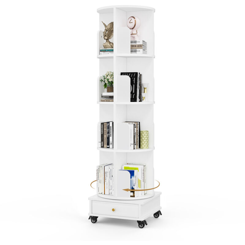 foto del prodotto haloyo libreria a 4 ripiani, girevole a 360 , con ruote, scaffale portaoggetti, 40x40x142cm, bianco