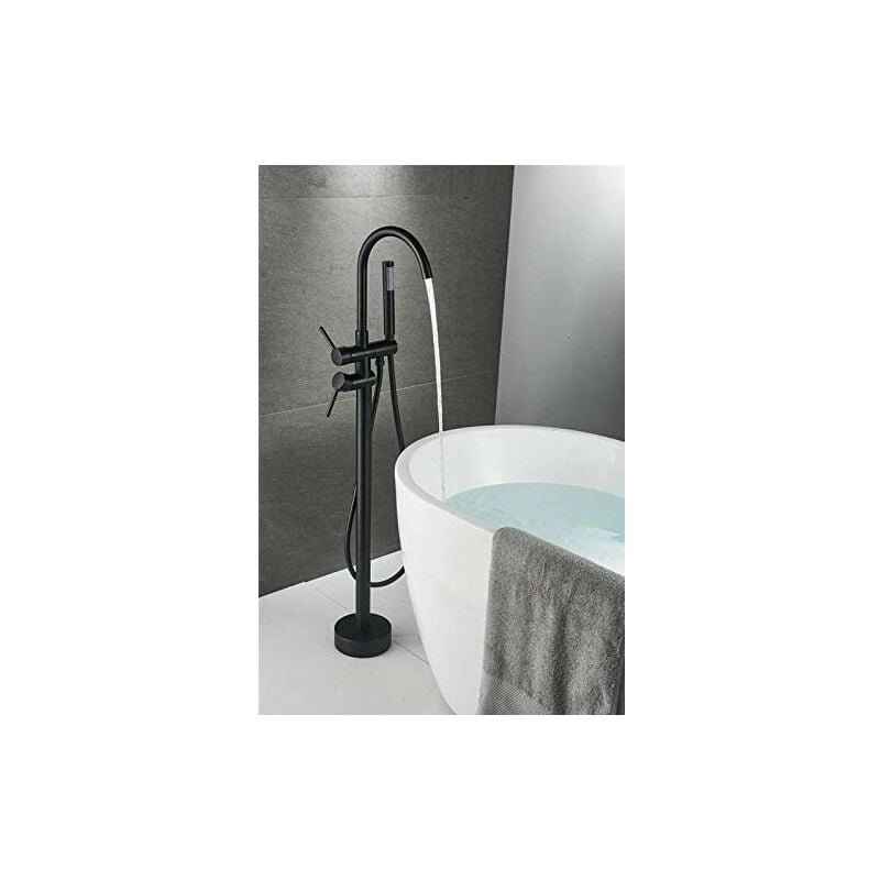 foto del prodotto haloyo rubinetto per vasca freestanding, miscelatore per doccia a pavimento con spruzzatore a mano flessibile nero miscelatore a colonna per vasca