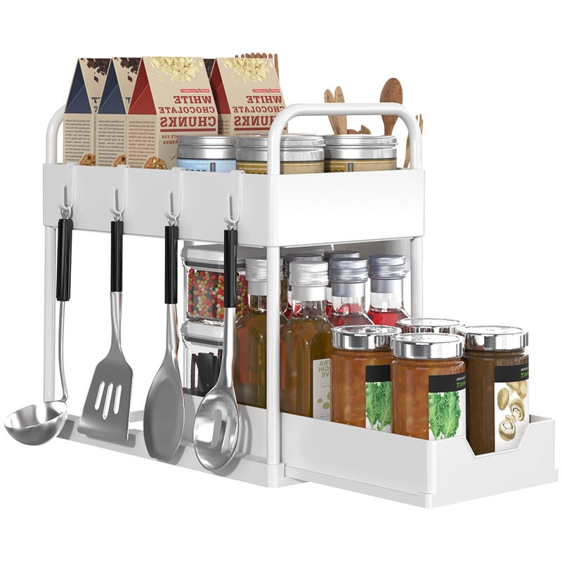 foto del prodotto haloyo scaffale portaoggetti sotto lavello a 2 livelli con cassetto scorrevole per cucina e bagno scaffale portaspezie bianco