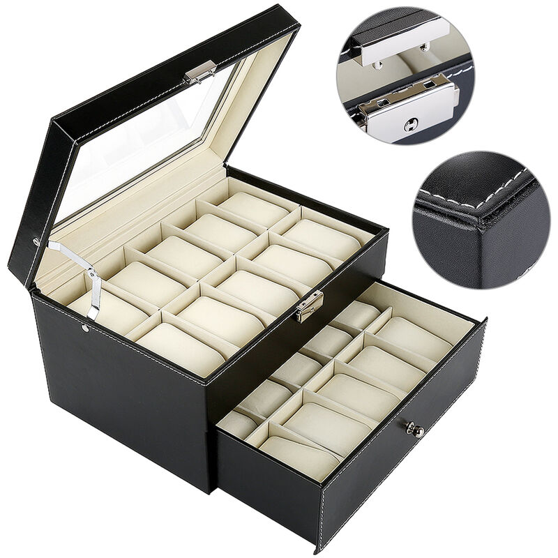 foto del prodotto haloyo scatola porta orologi con 20 scomparti ,per conservare e esporre orologi,in finta pelle,28.5 x 20.5 x 15 cm,nero