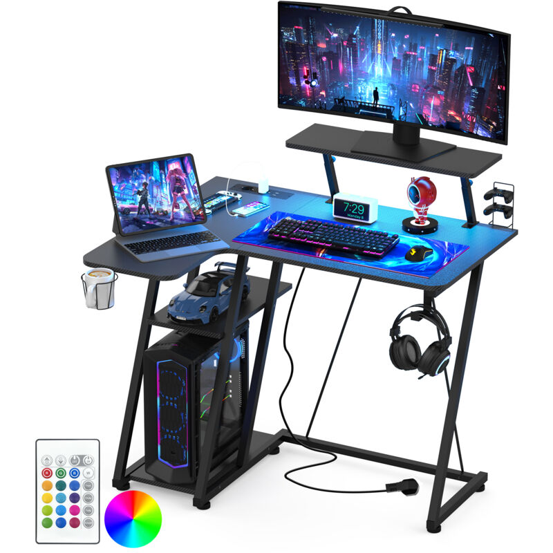 foto del prodotto haloyo scrivania da gioco professionale con supporto per monitor regolabile, illuminazione a led, spine ue, portabicchieri girevole e porta cuffie,