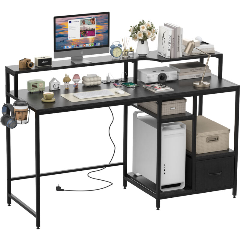 foto del prodotto haloyo scrivania moderna con presa di corrente, scrivania per computer, tavolo per computer, scrivania con ripiani, 140x50x91cm, nero