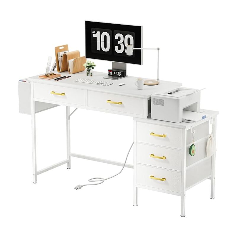 foto del prodotto haloyo scrivania per computer con 5 cassetti e presa di corrente integrata, design pratico e funzionale per ufficio, soggiorno o camera da letto,