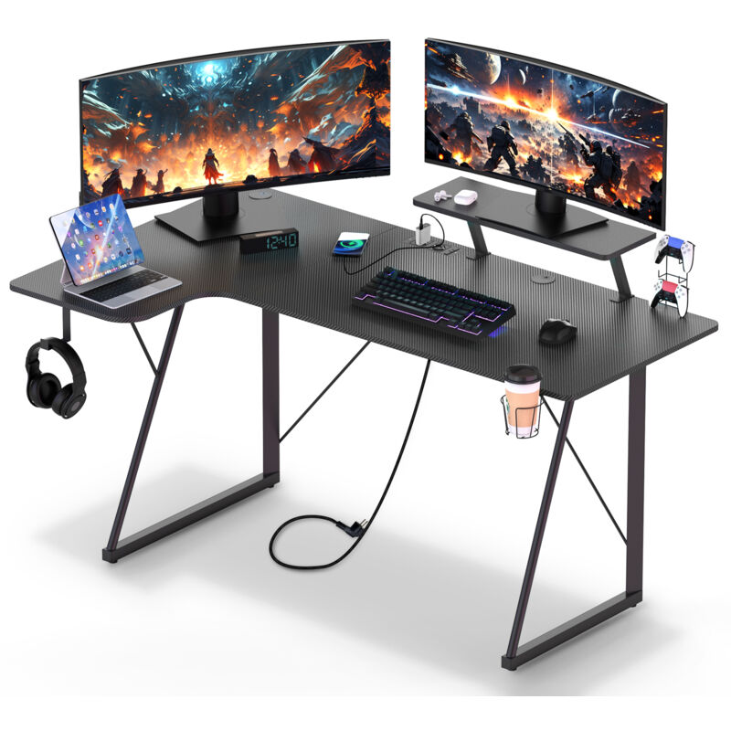 foto del prodotto haloyo scrivania per computer con presa di corrente integrata, scrivania angolare da gioco, tavolo da gioco, 150x60x74 cm, nero