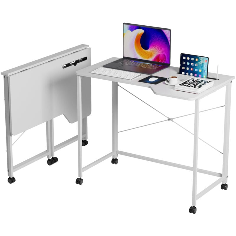 foto del prodotto haloyo scrivania per computer mobile con rotelle, scrivania da tavolo, ampio piano d appoggio per ufficio domestico, 90x56x75 cm, bianco